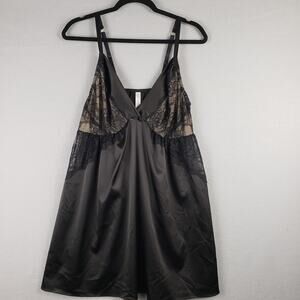 Cacique Plus Size 14/16 Slip Dress Black Satin Lace Mini Nightie Dark Fairy